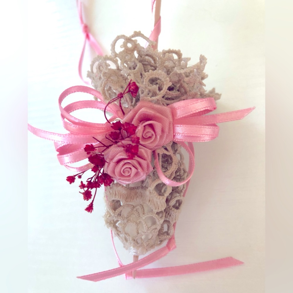 Victorian lace mini Parasol Handmade, trimmed in Satin roses, & pink ribbons.